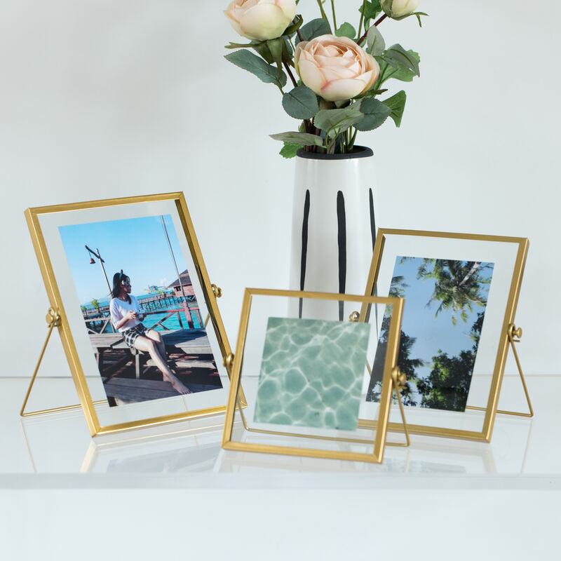 Modern Metal Floating Tabletop Photo Picture Frame with Glass Cover and Easel Stand, Gold 4" x 6"