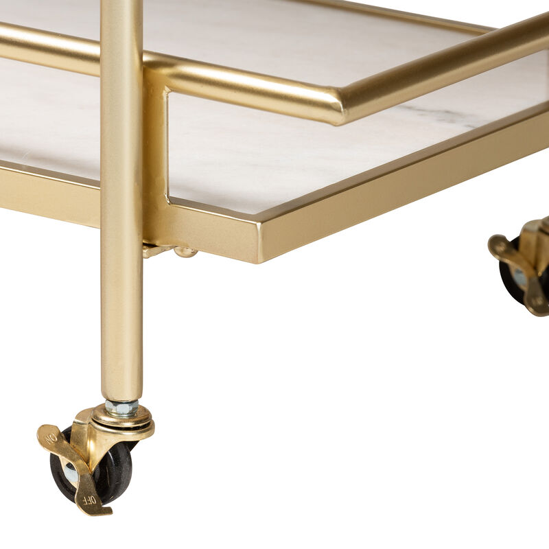 Baxton Studio Louise Contemporary Glam and Luxe Gold Metal and White Marble 2 Tier Wine Cart