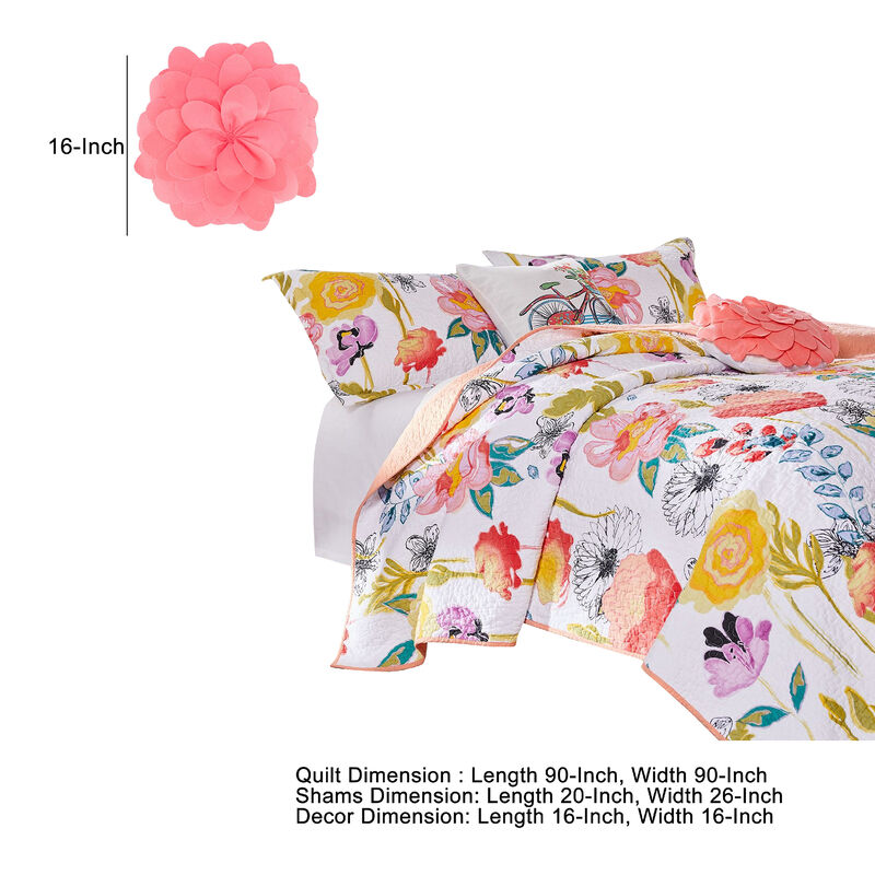 Mavi 5 Piece Reversible Full Quilt Set, Spring Floral Print, Multicolor - Benzara