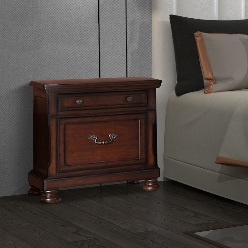 Two Drawers Wooden Nightstand with Bun Feet, Brown-Benzara