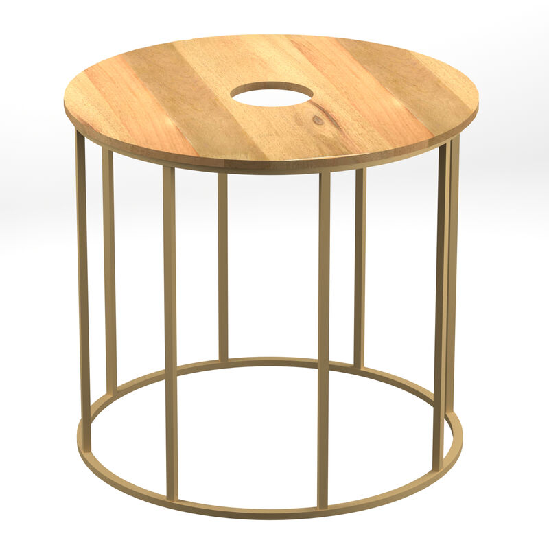19 Inch Side End Table, O Round Shape Natural Mango Wood Top, Brass Powder Coated Open Frame