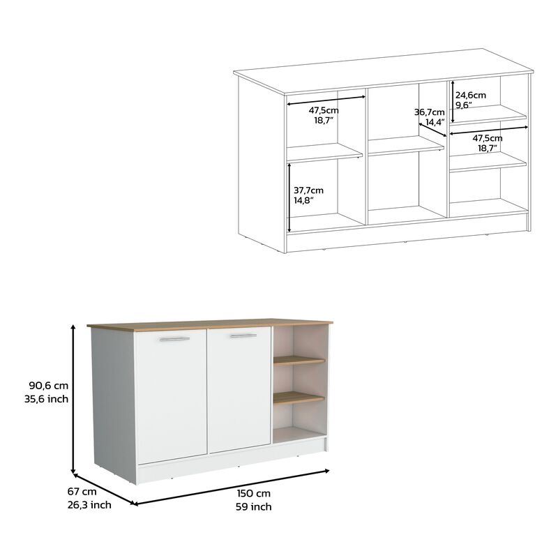Mars Kitchen Island With Two Cabinets and Three open Shelves, White/Natural Oak