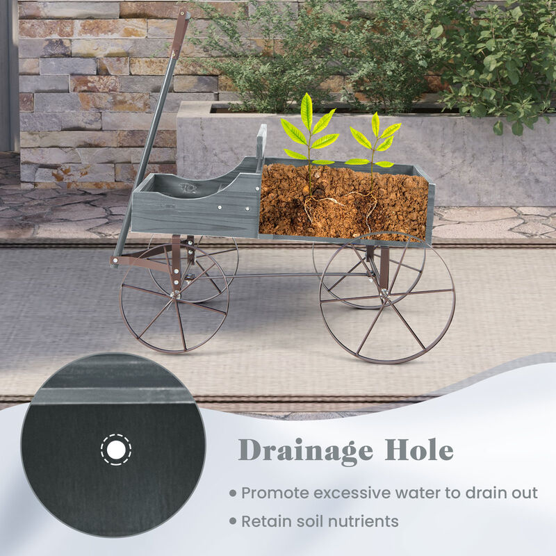 Wooden Wagon Plant Bed With Wheel for Garden Yard