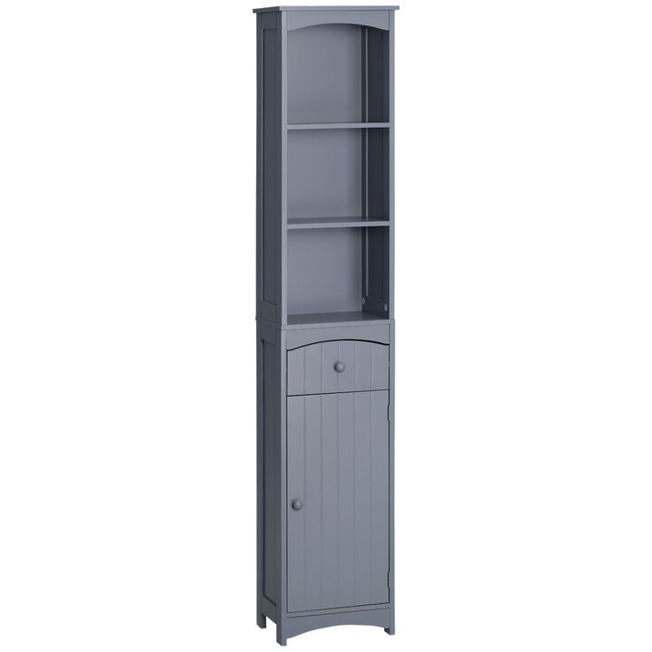 Grey Bathroom Tower: Tall Linen Cabinet with 3-Tier Shelves & Drawer