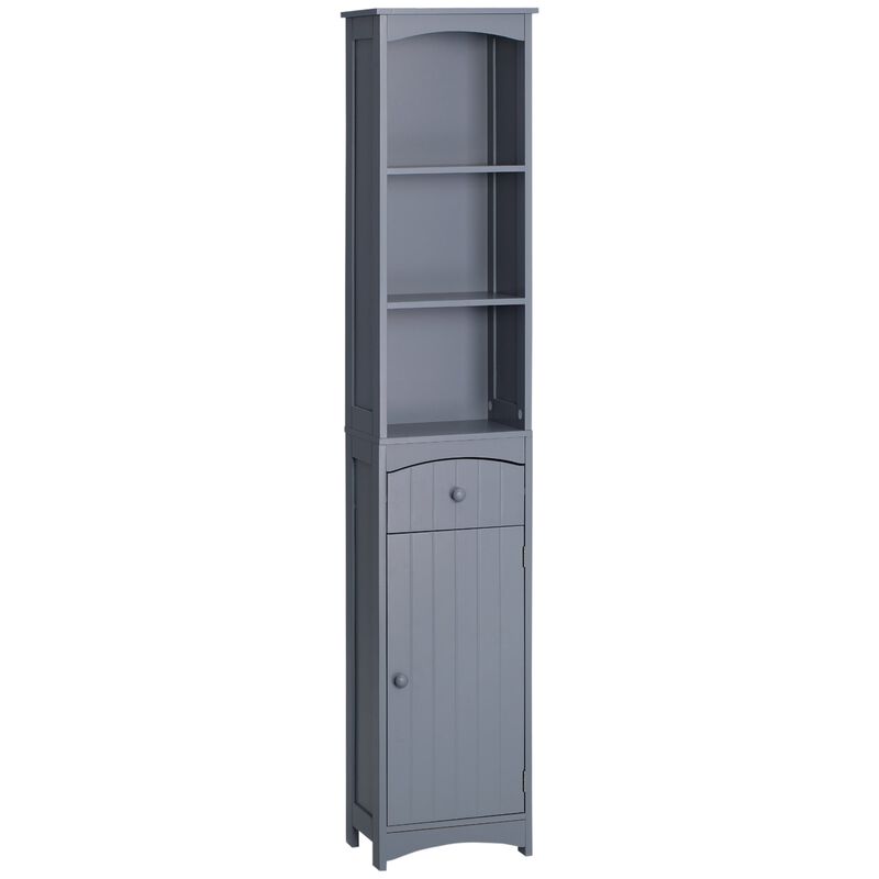 Grey Bathroom Tower: Tall Linen Cabinet with 3-Tier Shelves & Drawer