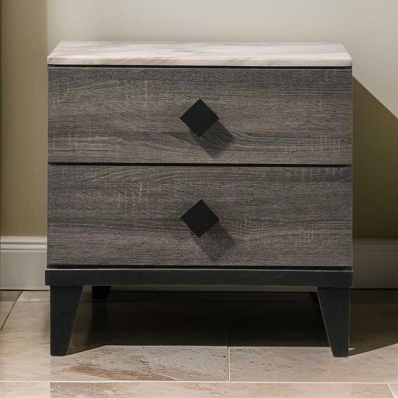 2 Drawer Wooden Nightstand with Grains and Angled Legs, Gray - Benzara