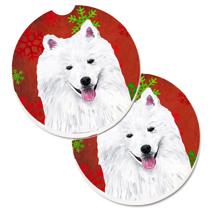 Caroline's Treasures American Eskimo Red & green Snowflakes Holiday Christmas Set of 2 Cup Holder Car Coasters SC9419CARC, 2.56, Multicolor