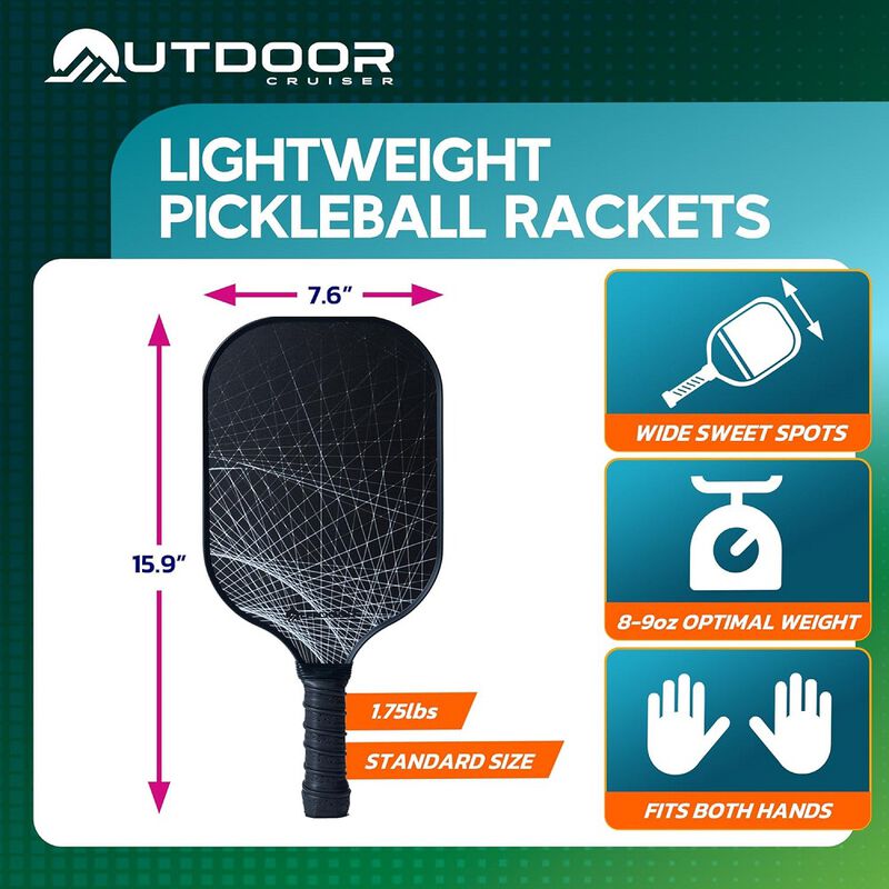 Outdoor Cruiser Pickleball Racket Set - Carbon Fiber USAPA Approved Lightweight Paddles with Polypropylene Honeycomb Core, Skill Levels, Includes 2 Rackets, a Sling Bag, 4 Balls, and 4 Grip Tapes