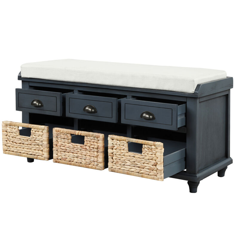 Rustic Storage Bench With 3 Drawers And 3 Rattan Baskets, Shoe Bench For Living Room