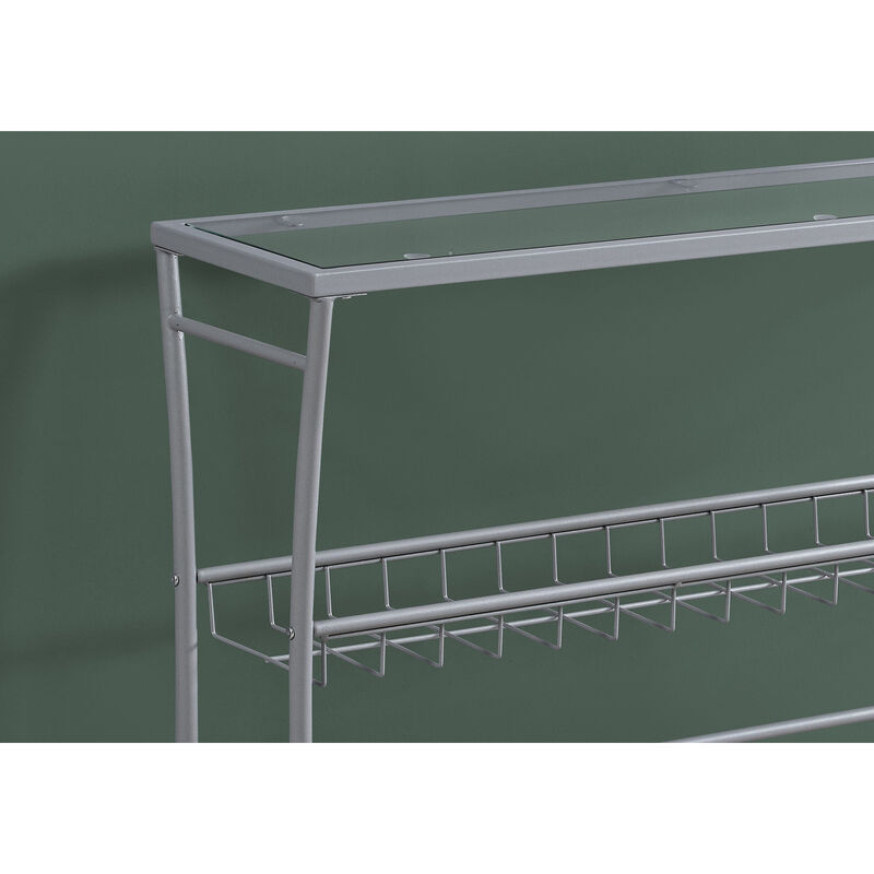 Monarch Specialties I 2128 Accent Table, Console, Entryway, Narrow, Sofa, Living Room, Bedroom, Metal, Tempered Glass, Silver, Clear, Contemporary, Modern