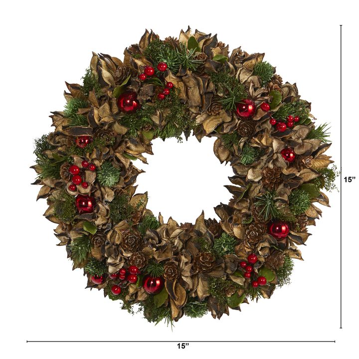 Hivvago 15" Holiday Artificial Wreath with Pine Cones and Ornaments