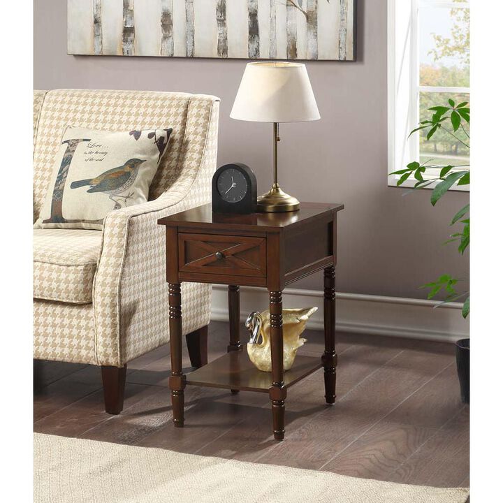 Convenience Concepts Country Oxford 1 Drawer End Table with Charging Station and Shelf, Espresso