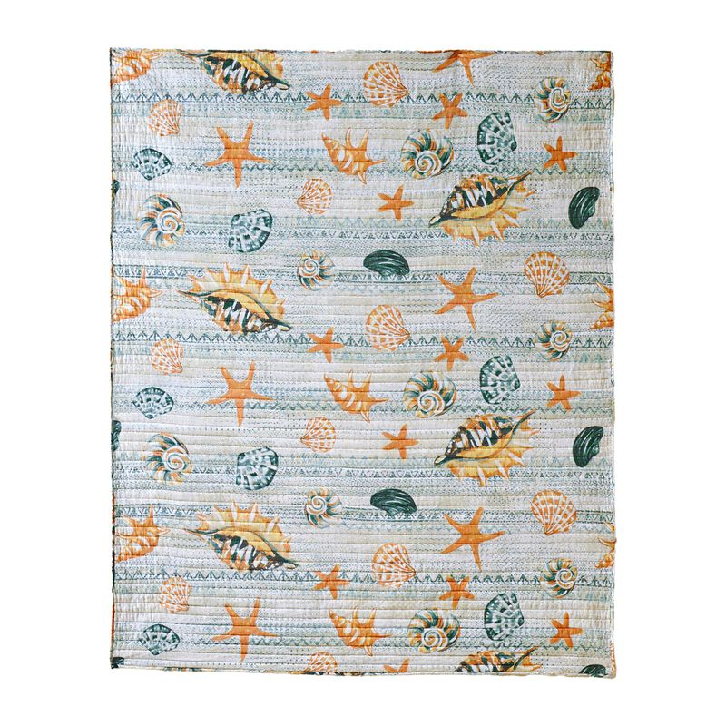 Carie Throw Blanket, Coastal Seashell Print, Blue Orange Cotton Microfiber