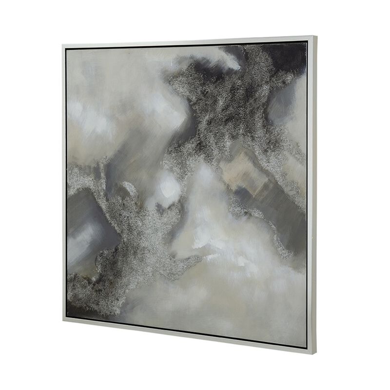 39 x 39 Stormy Skies Framed Handpainted Wall Art, Square, Canvas, Gray  - Benzara