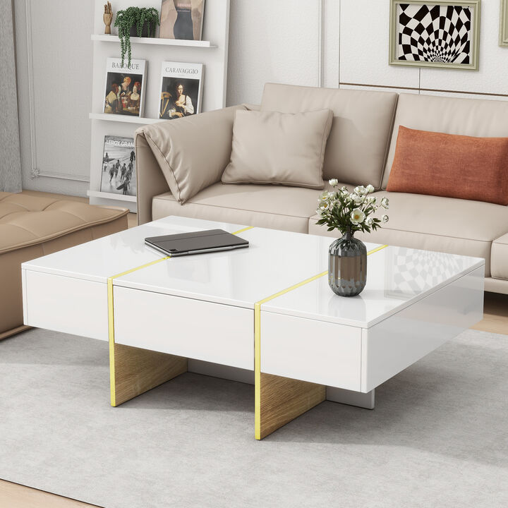 Merax Minimalist High Gloss Coffee Table with 2 Drawers