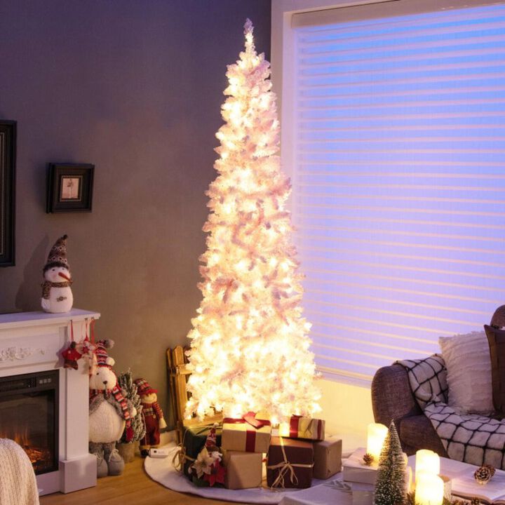Hivvago 7 Feet Pre-Lit Snow Flocked Hinged Pencil Christmas Tree with 300 Lights and 8 Modes