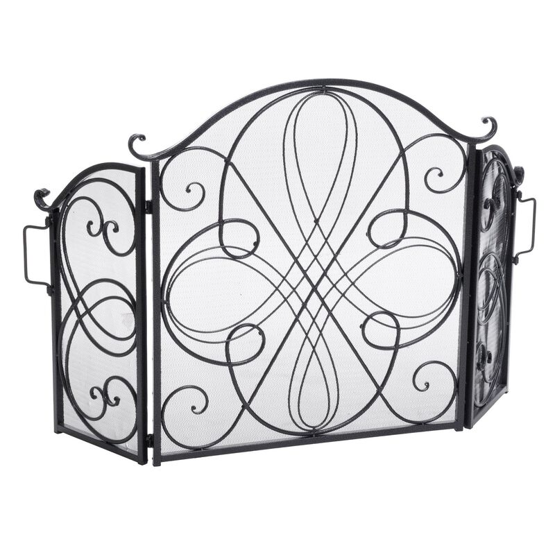Fireplace Screen 57 Inch, 3 Panel Scrolled Mesh, Black Silver Iron - Benzara