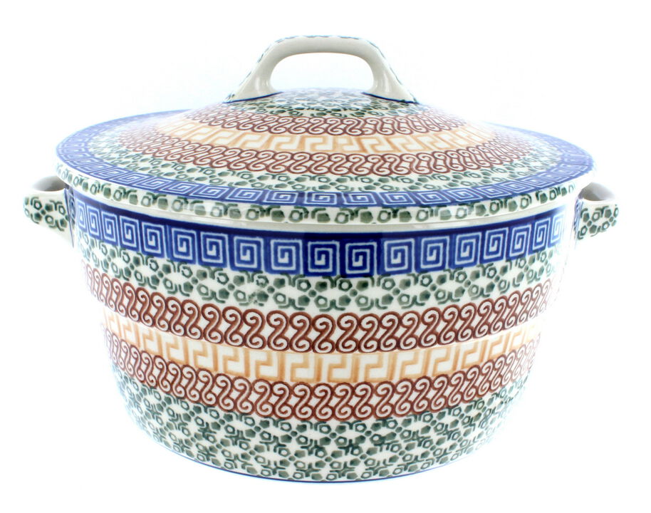 Blue Rose Polish Pottery Mardi Gras Covered Round Baker