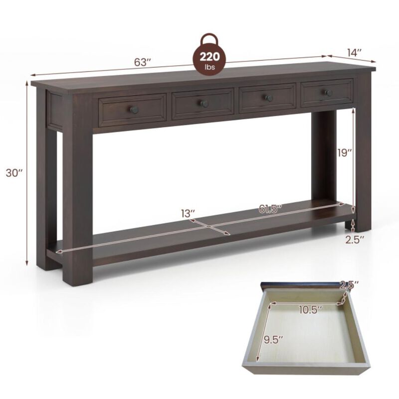 Hivvago 63 Inches Farmhouse Entryway Table with 4 Storage Drawers and Open Shelf