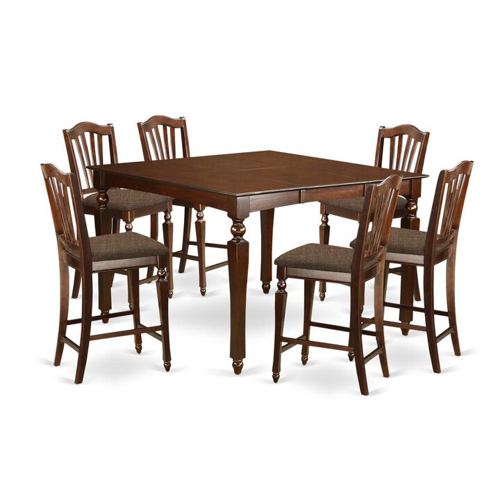 East West Furniture CHEL7-MAH-C 7 Pc pub height set- Square Counter height Table with 6 Stools