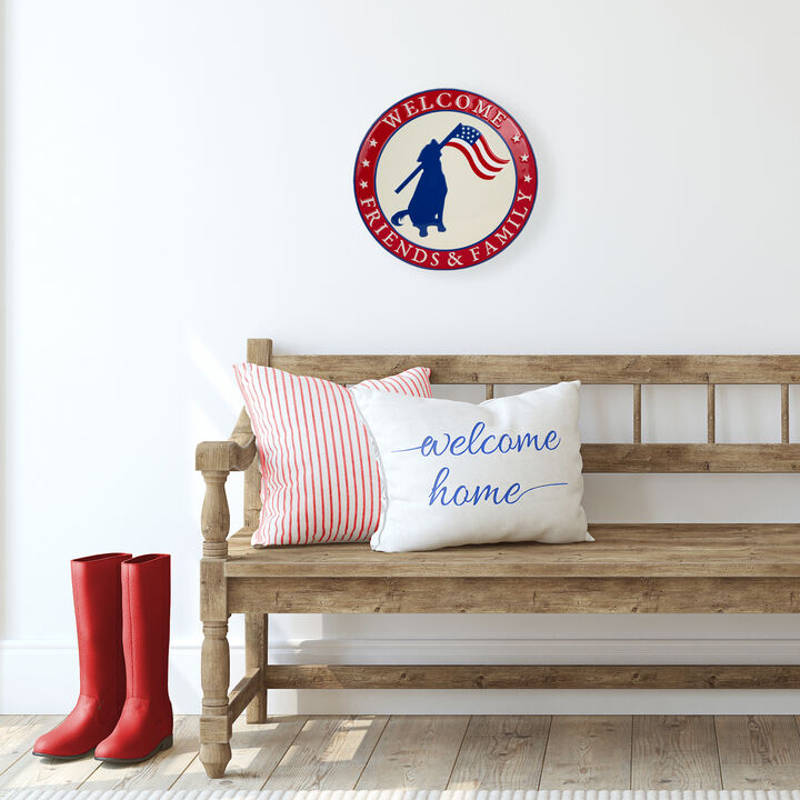 Welcome Friends and Family Patriotic Dog Metal Wall Sign - 13.75"