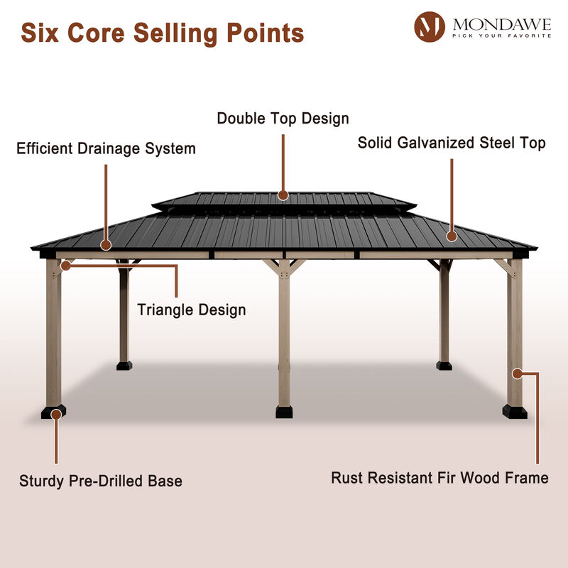 Mondawe 12 ft. x 20 ft. Outdoor Cedar Wood Frame Hardtop Gazebo Double Galvanized Steel Roof