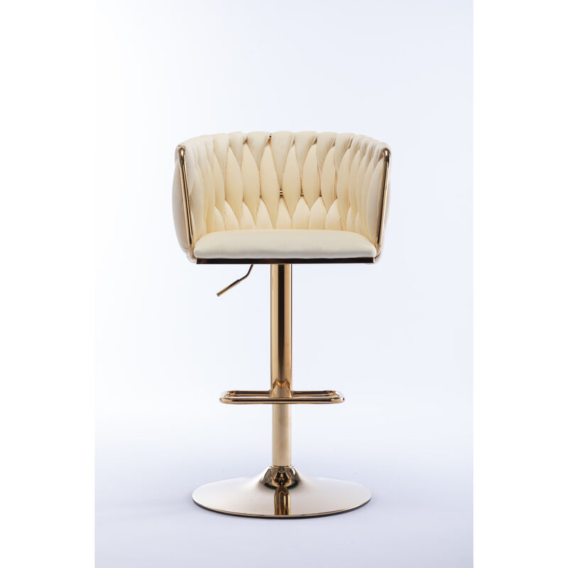 Set of 2 Bar Stools, with Chrome Footrest and Base Swivel Height Adjustable Mechanical Lifting Velvet + Golden Leg Simple Bar Stoo, Ivory