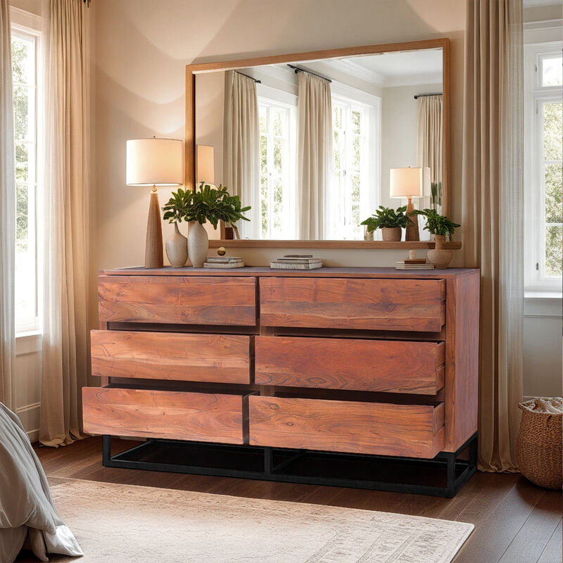 Modern Acacia Wood Dresser or Display Unit With Metal Base, Walnut Brown and Black