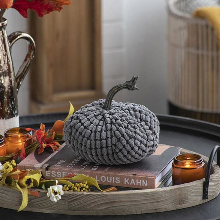 Weighted Pumpkin Table Ornaments, Set of 2 Chenille, Perfect for Christmas and Thanksgiving Decor, Gray