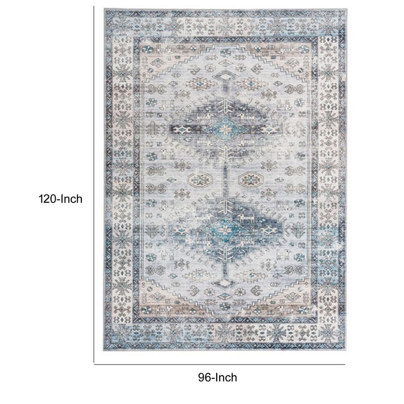 Nyx 10 x 8 Large Soft Fabric Floor Area Rug, Vintage Blue Border Design - Benzara