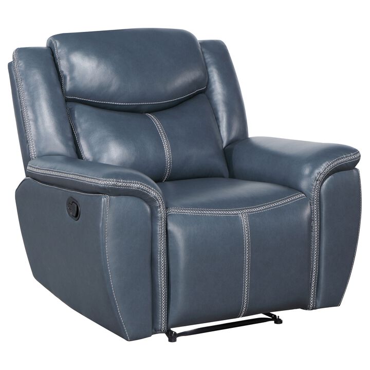 Eleni Manual Recliner Chair, Blue Faux Leather, Cushions, Stitching Detail - Benzara