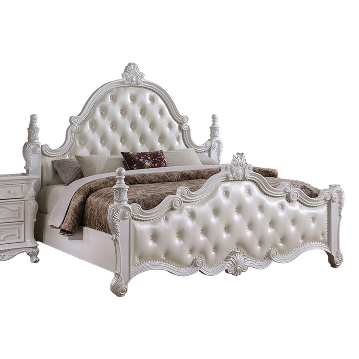 Moni King Bed, White Button Tufted Traditional Upholstery, Solid Wood - Benzara