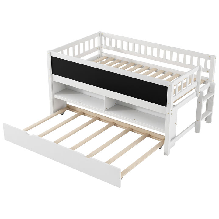 Merax Low Loft Bed with Storage Shelves and Trundl