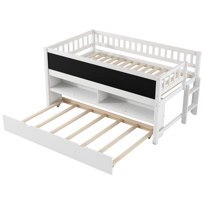 Merax Low Loft Bed with Storage Shelves and Trundl