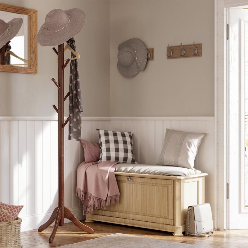 Coat Rack with 8 Hooks, Solid Wood Coat Tree Free Standing