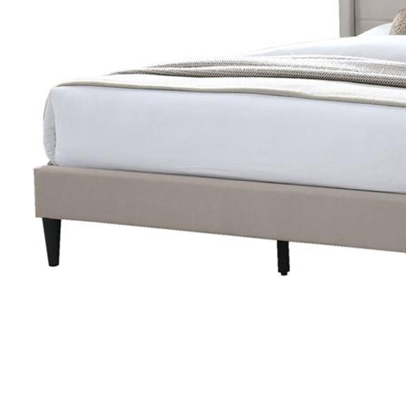 Kopa Queen Size Bed with Tufted Headboard, Brown Burlap Upholstery, Wood - Benzara