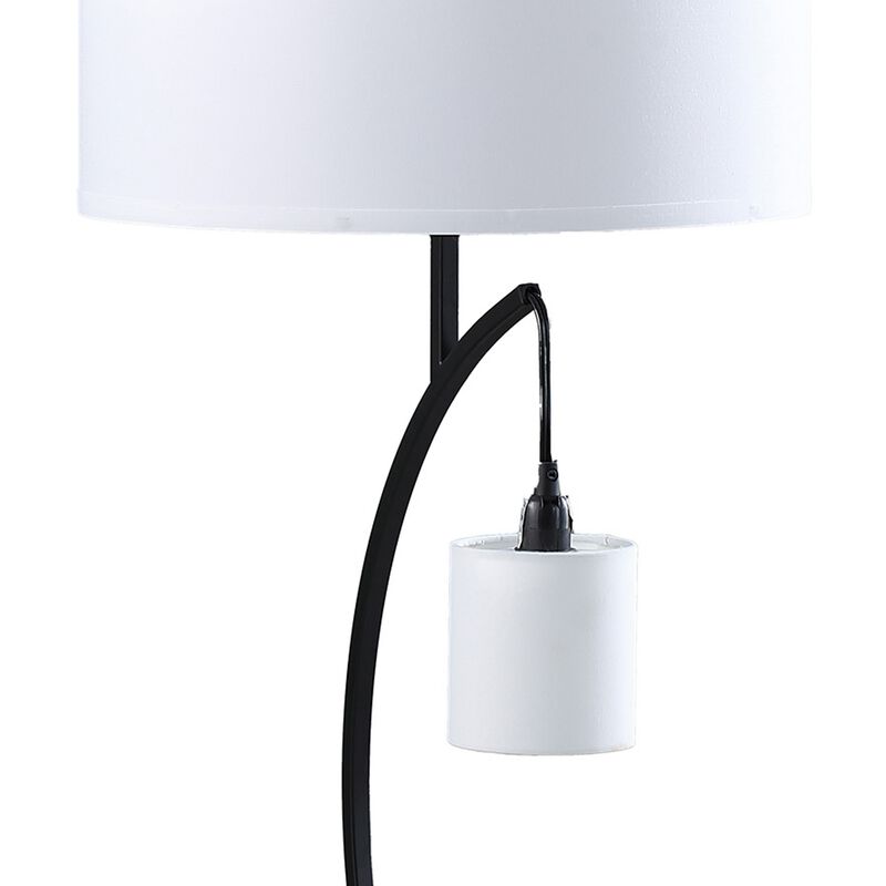 Jiya 29 Inch Arc Table Lamp, Hanging Design, 2 White Drum Shades, Black - Benzara