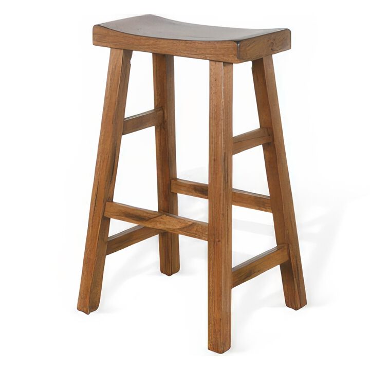 Marv Barstool Set of 2, Saddle Seat, Rustic Oak Mahogany Wood, 30 Inch - Benzara