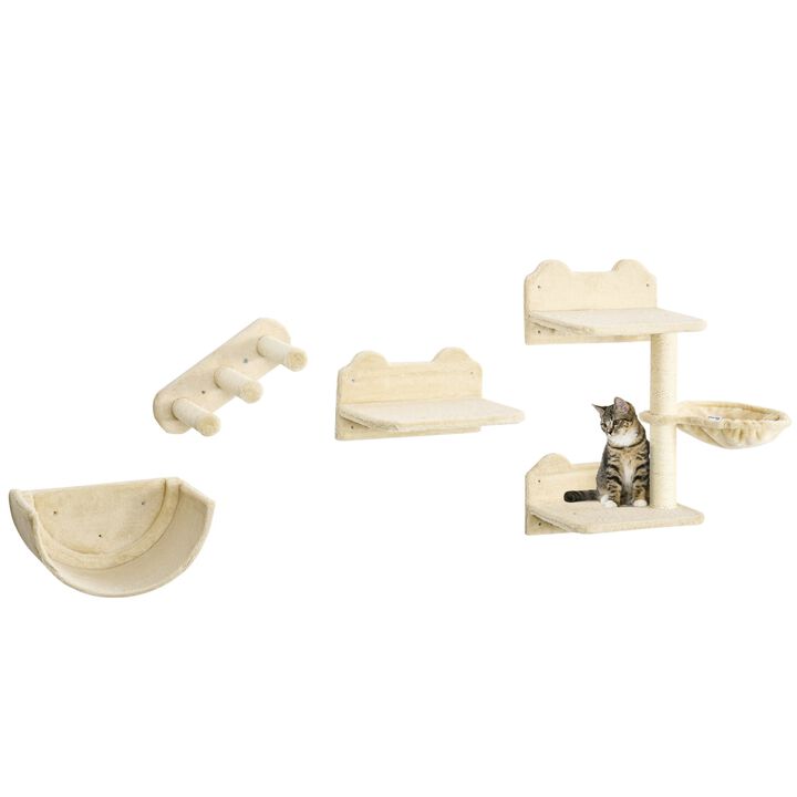 Beige Cat Playground: Wall Shelves with Hammock & Scratching Post