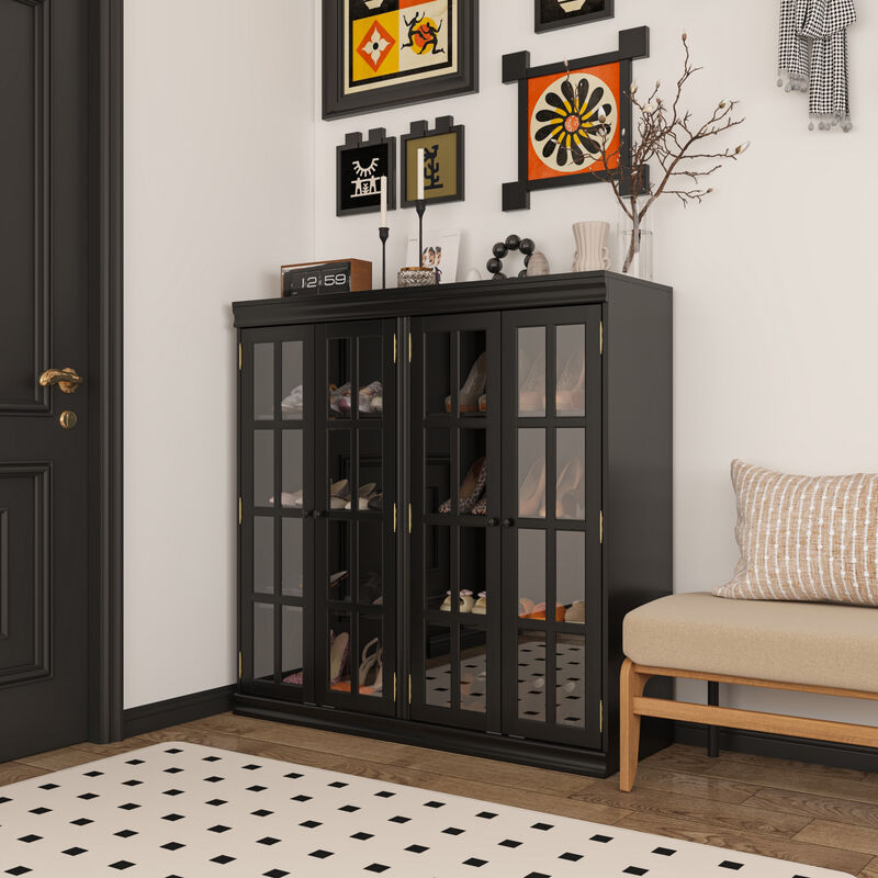 FUFU&GAGA Modern Black Shoe Cabinet with Glass Doors, Adjustable Shelves & Metal Handles (47.2" W x 15.7" D x 47.2" H), Black