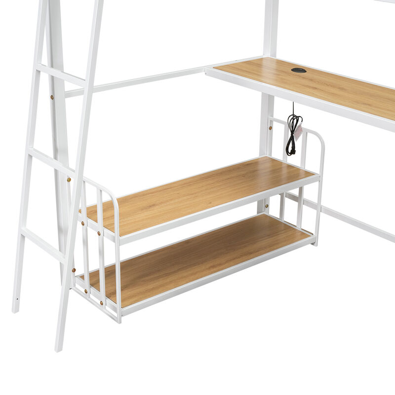 Merax Metal Loft Bed with Desk and Storage Shelves
