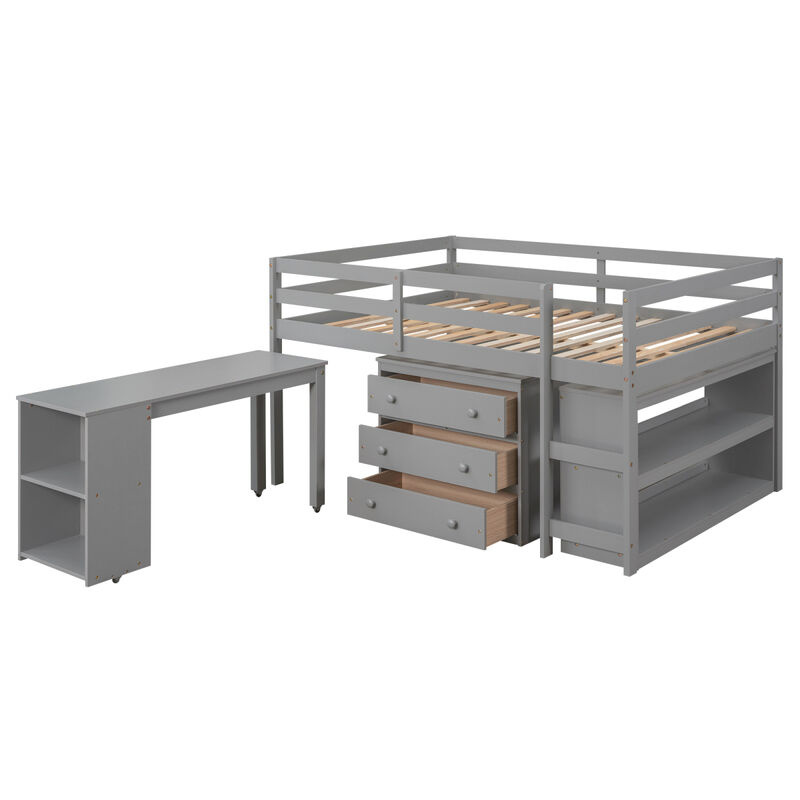 Low Study Full Loft Bed With Cabinet, Shelves And Rolling Portable Desk, Multiple Functions