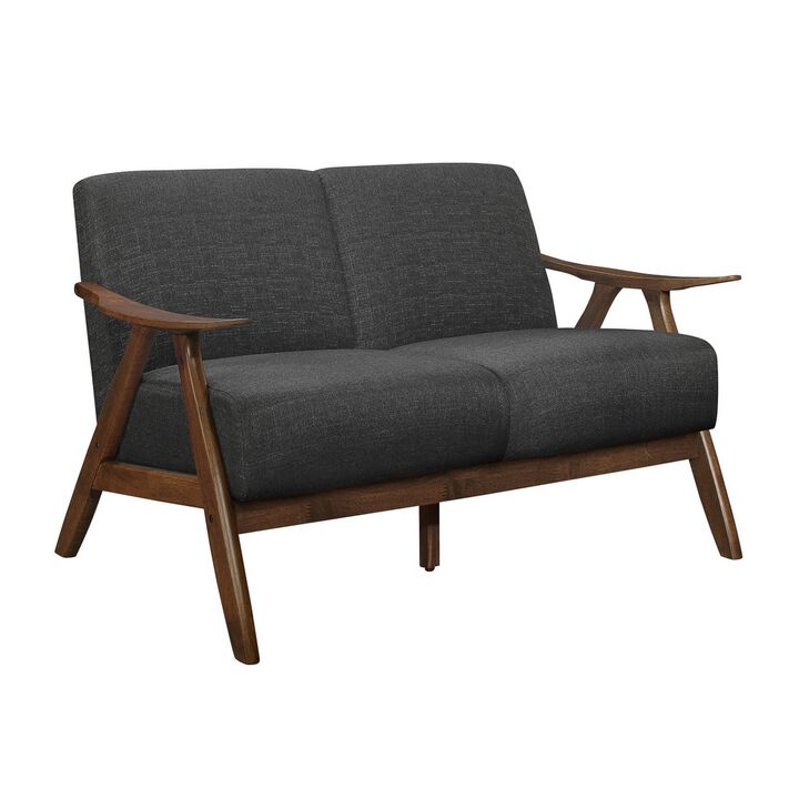 Indy 51 Inch Loveseat, Brown Rubberwood Angled Frame, Textured Gray Fabric - Benzara