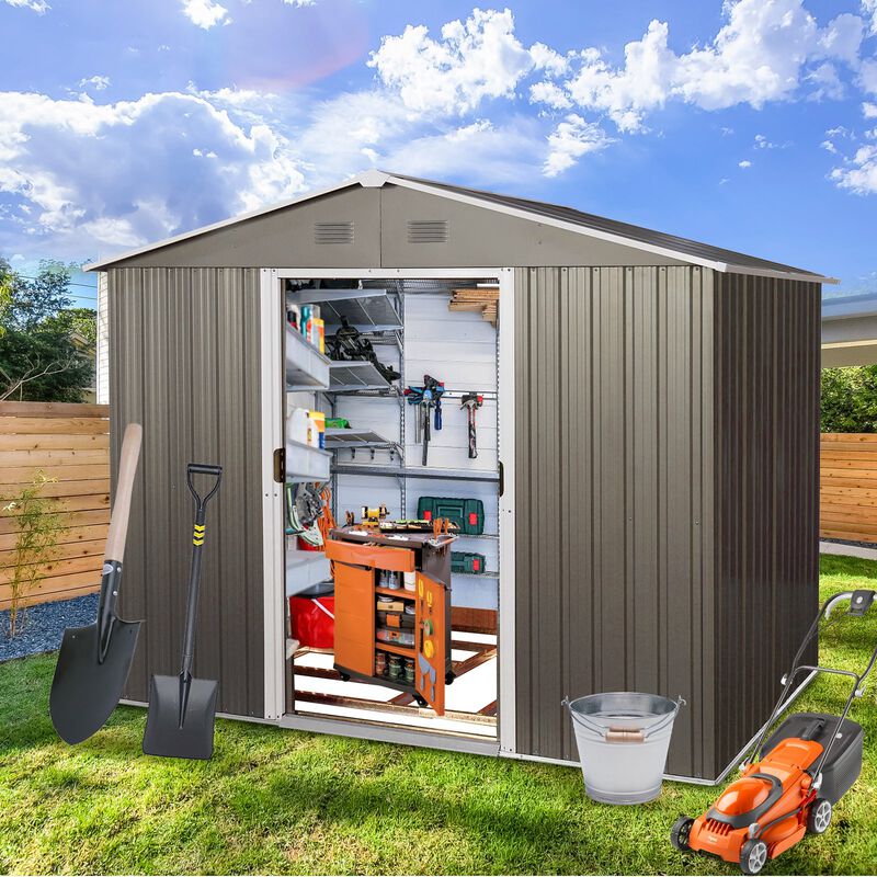 MONDAWE 8ft x 6ft Outdoor Metal Storage Shed with Floor Base,Gray