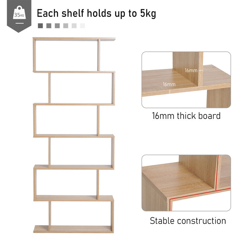 HOMCOM 75"H Bookcase 6 Shelf S-Shaped Bookshelf Storage Display Stand Organizer