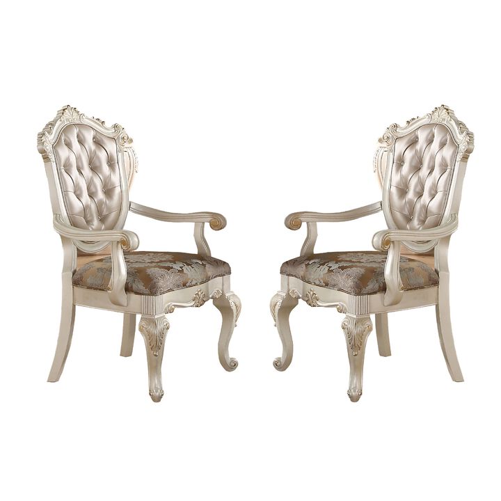 28 Inch Vegan Faux Leather Dining Side Chair, Set of 2, White, Gold - Benzara