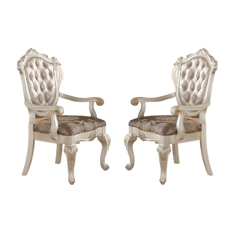 28 Inch Vegan Faux Leather Dining Side Chair, Set of 2, White, Gold - Benzara