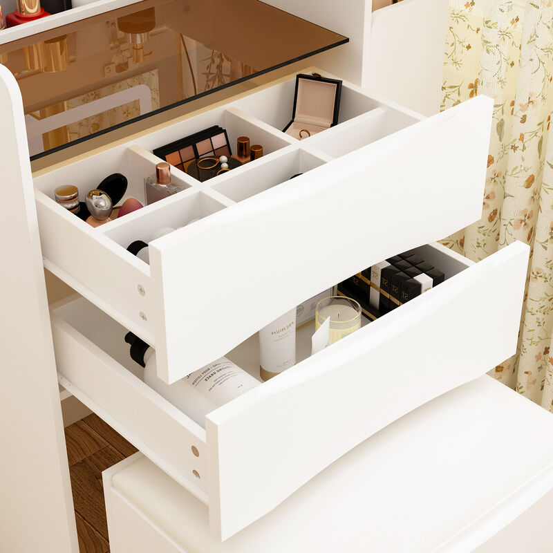 FUFU&GAGA Makeup Vanity with LED Lighted Mirror, Storage Drawers, Shelves, and Cushioned Stool (24.1" W x 15.7" D x 47.2" H), White
