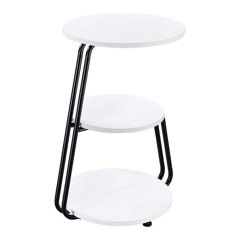 26 Inch Side End Table, 3 Tier Design, Black Metal Frame, White Finish - Benzara