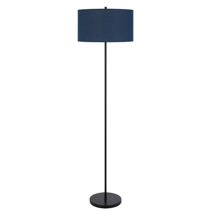 Sie 59 Inch Floor Lamp, Navy Blue Linen Shade, Round Base, Black Metal Pole - Benzara